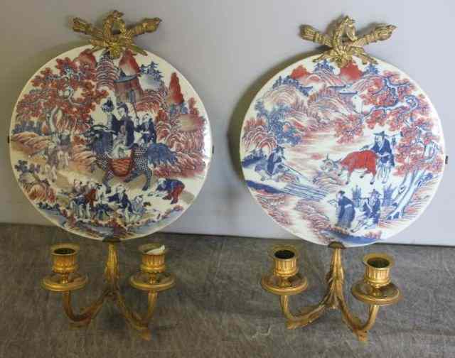 Appraisal: Pair of French Gilded Bronze Arm Sconces withAsian Porcelain Plaques