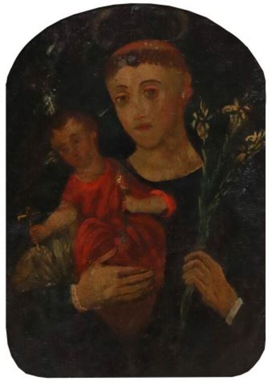 Appraisal: Framed oil on tin retablo San Antonio de Padua Saint