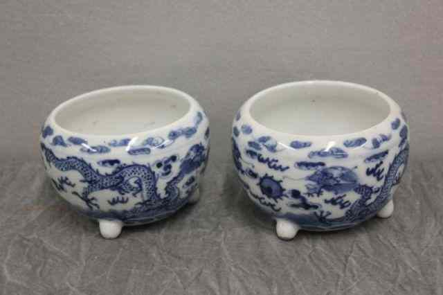 Appraisal: Pair of Small Blue White Chinese Bowls on BunFeet From