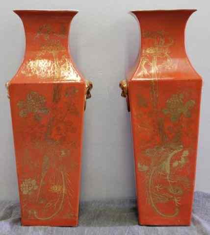 Appraisal: Pair of Large Chinese Orange and Gilt SquareShouldered Vases with