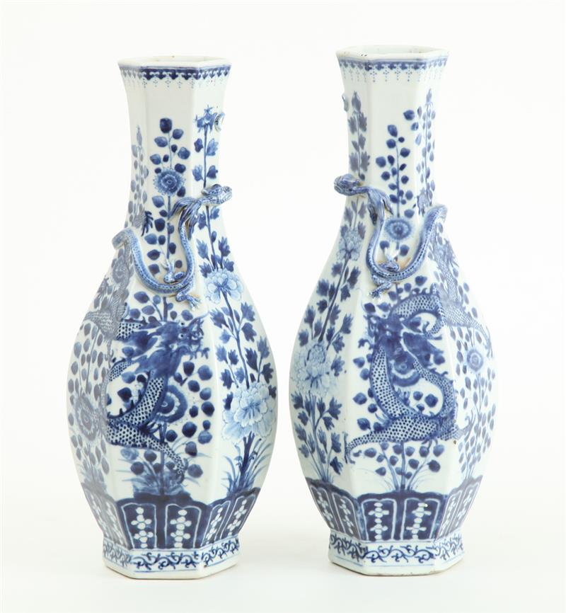 Appraisal: PAIR OF CHINESE BLUE AND WHITE PORCELAIN HEXAGONAL PEAR-FORM VASES