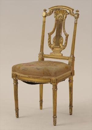 Appraisal: Louis XVI-Style Carved Giltwood Lyre-Back Side Chair with Needlework-Upholstered Seat