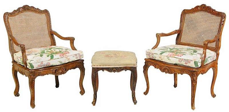 Appraisal: Two Provincial Louis XV Fauteuils Footstool French th th century