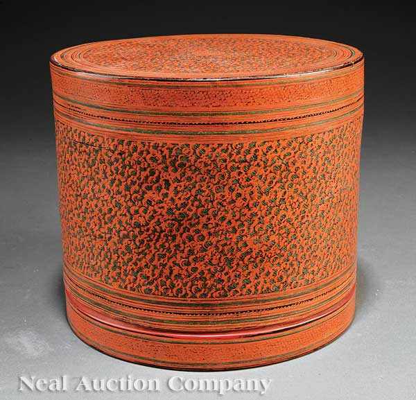 Appraisal: A Thai Lacquered Wood Food Storage Container drum form body