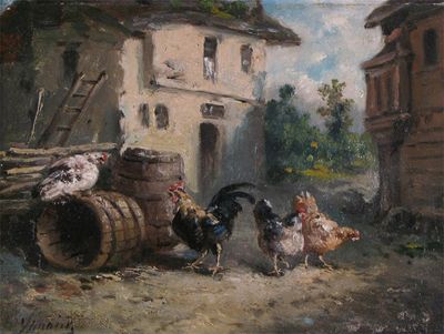 Appraisal: Continental School Chickens in a village street Signed indistinctly Oil