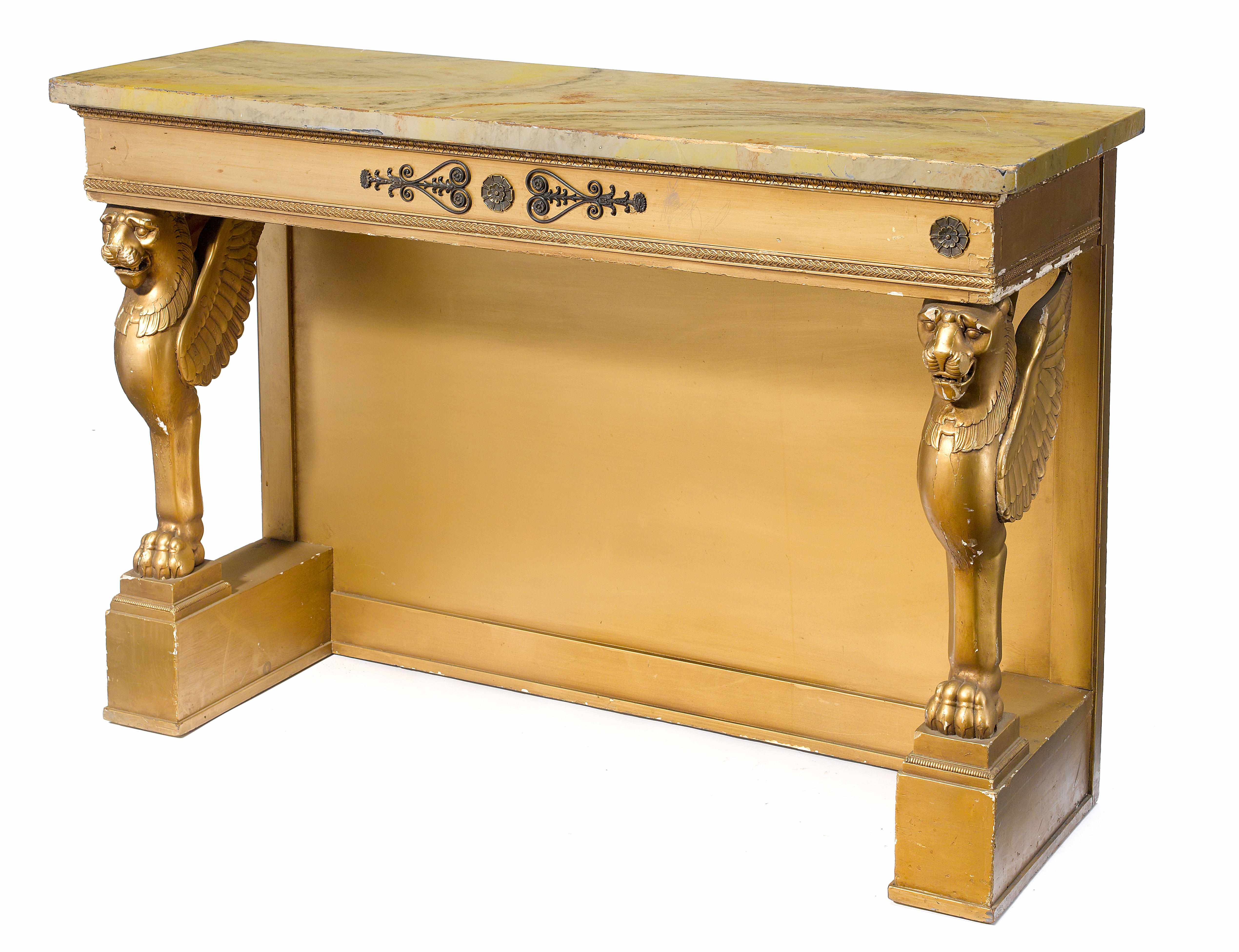 Appraisal: A Regency style gilt metal mounted carved giltwood console incorporating