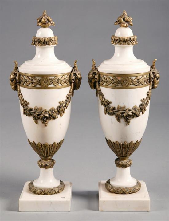 Appraisal: PAIR OF GARNITURE URNS European late th-early th century marble