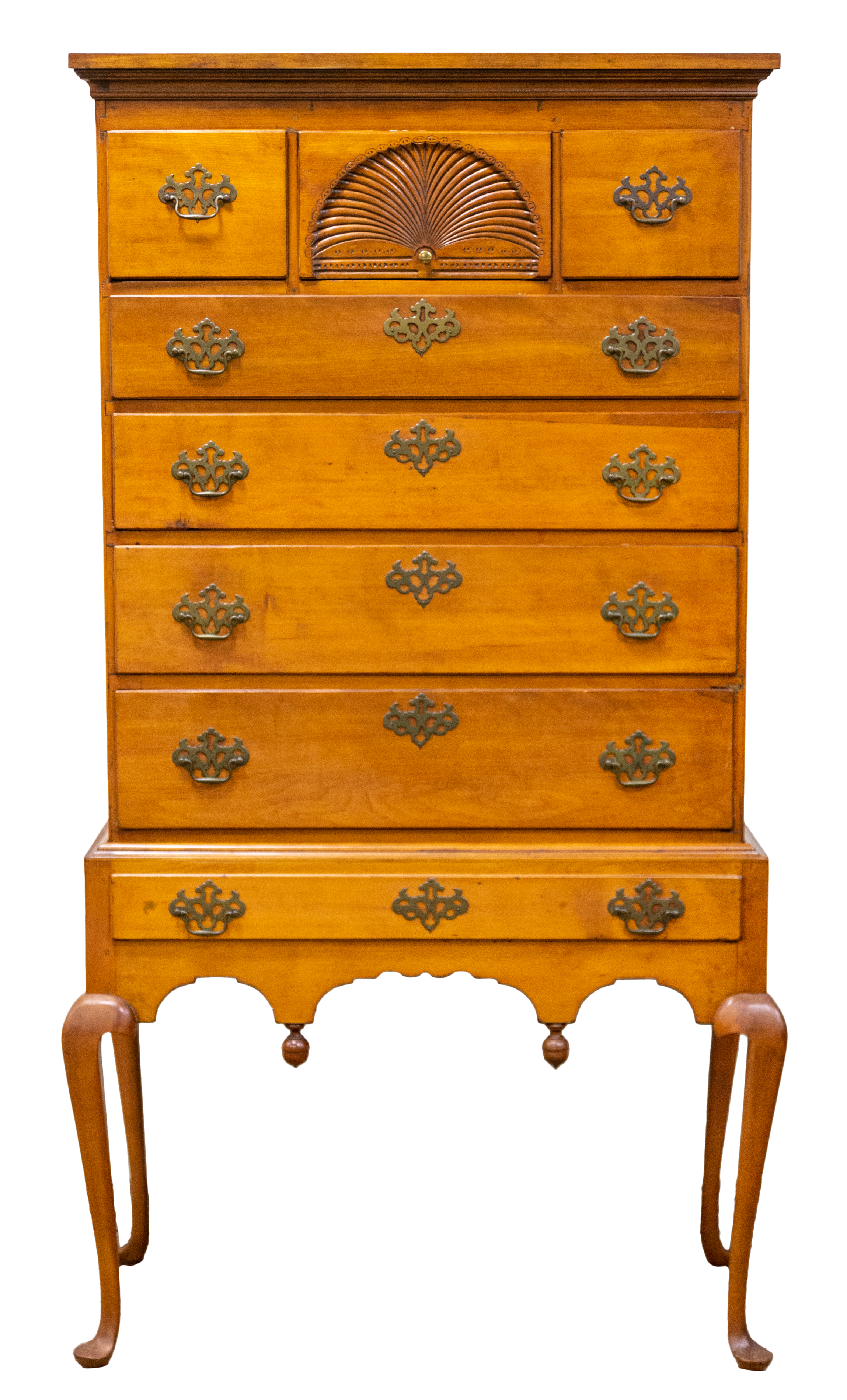 Appraisal: NE CHERRY QUEEN ANNE HIGHBOY Fan carved and cabriole legs