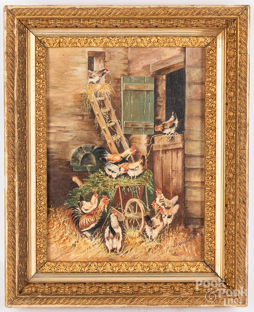 Appraisal: Oil on canvas barnscene with chickens Oil on canvas barnscene