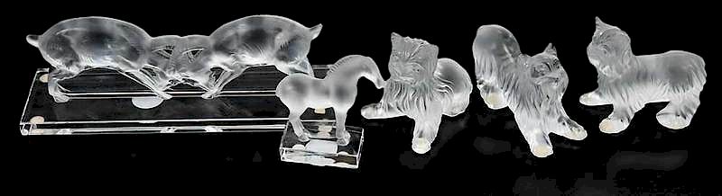 Appraisal: Five Lalique Glass Animal Figures fighting rams three dogs horse