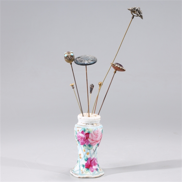 Appraisal: Group of various metal hairpins in porcelain stand some cracking