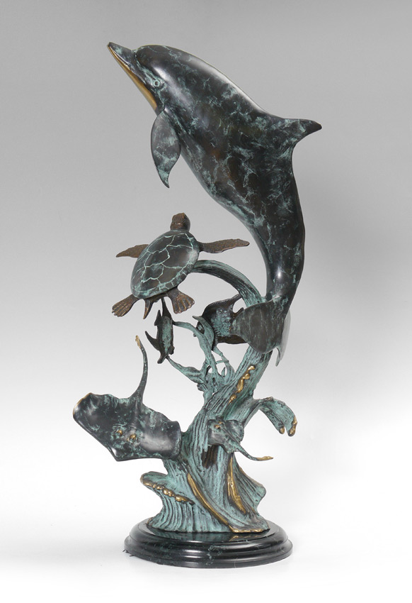 Appraisal: BRONZE OCEANLIFE SCULPTURE WITH DOLPHINS TURTLES RAYS Patinated Bronze illegibly