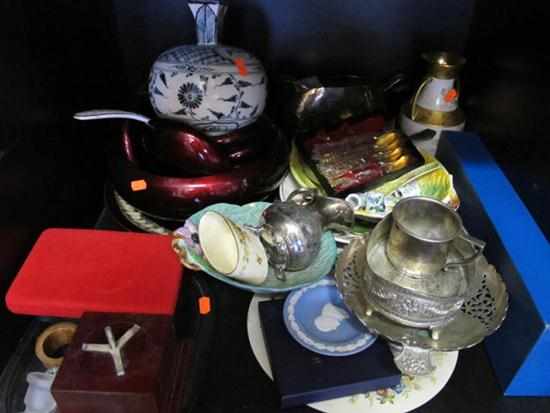 Appraisal: SHELF OF ASSORTED ITEMS INCL SILVER PLATE CHINA VASES VIETNAMESE