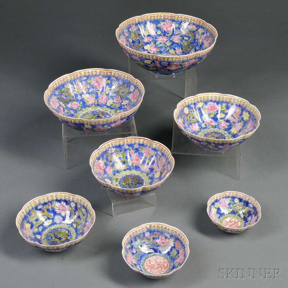 Appraisal: Set of Nine Graduating Eggshell Porcelain Lobed Dragon Bowls China