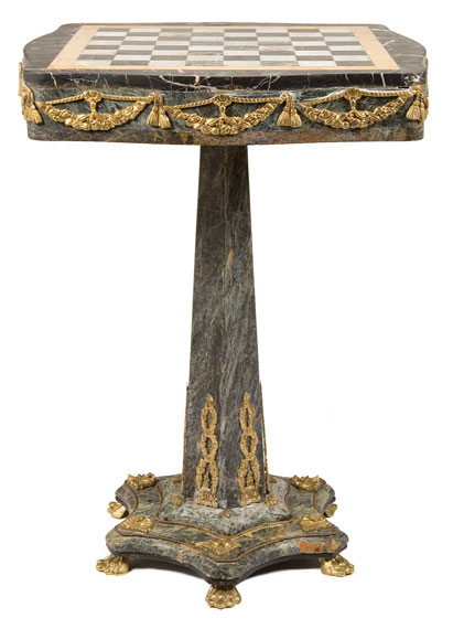 Appraisal: Louis XVI Style Gilt-Metal Mounted Marble Pedestal Games Table Estimate