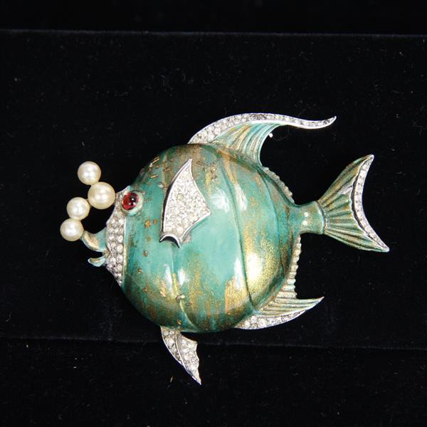 Appraisal: Trifari Bubble Fish Green Enamel Brooch with Rhinestones Pearls H