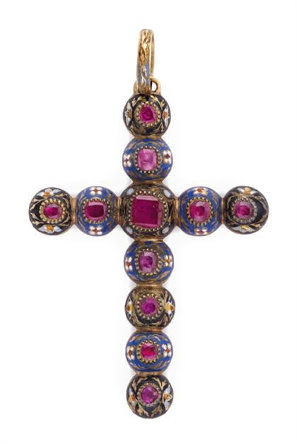 Appraisal: Enameled ruby cross pendant georgian Pendant with eleven petite rubies