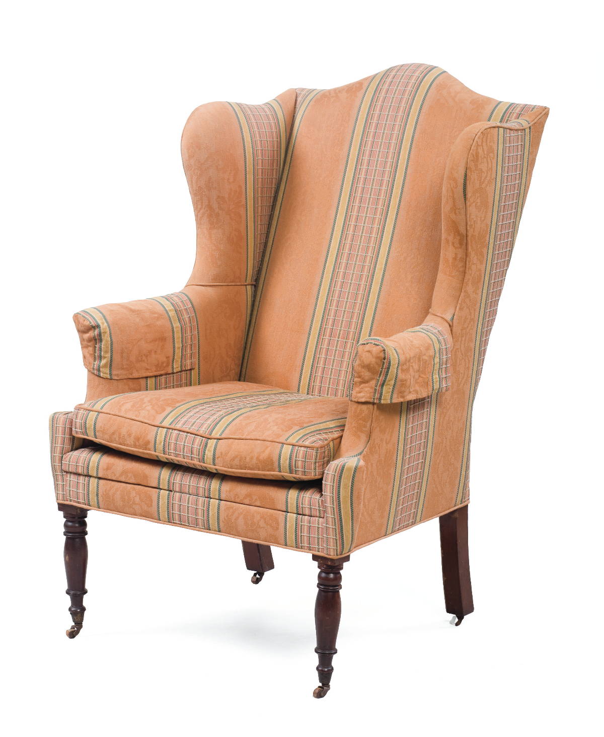 Appraisal: AMERICAN SHERATON MAHOGANY SQUARE-BACK WING CHAIR IN ORANGE DAMASK UPHOLSTERY