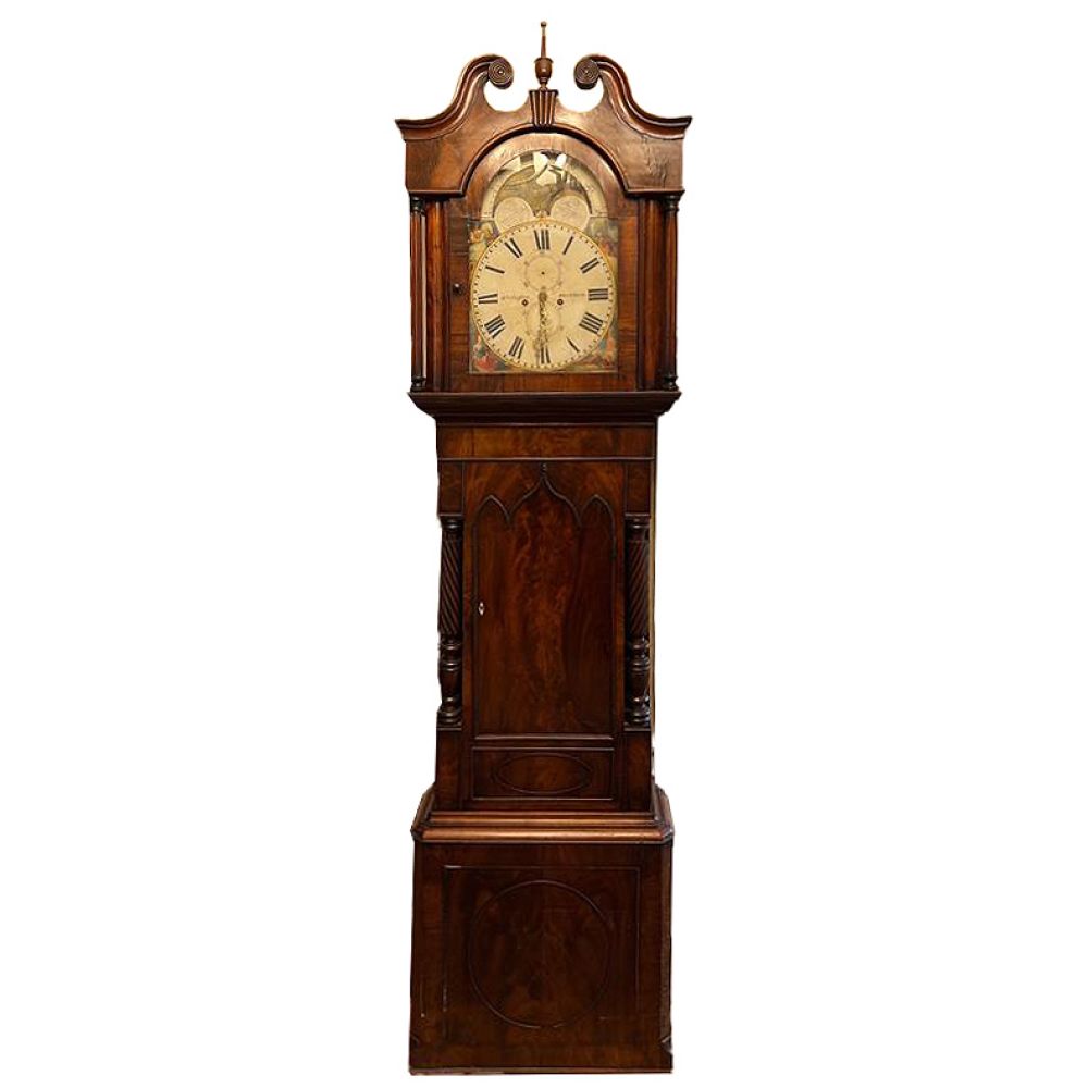 Appraisal: BRITISH TALL CASE CLOCK th century split pediment mahogany case