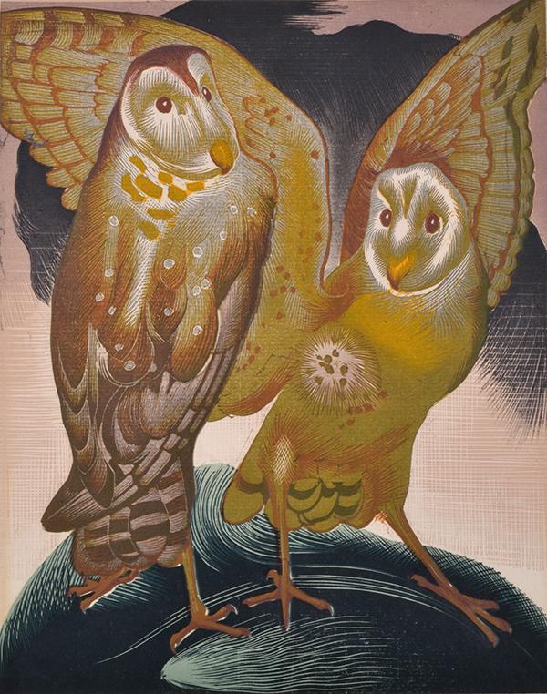 Appraisal: MURRAY GRIFFIN - Golden Owls linocut MURRAY GRIFFIN - Golden