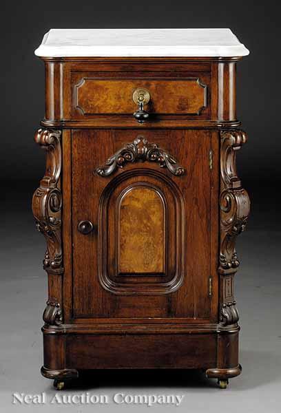 Appraisal: An American Renaissance Carved Walnut and Burl Walnut Bedside Commode