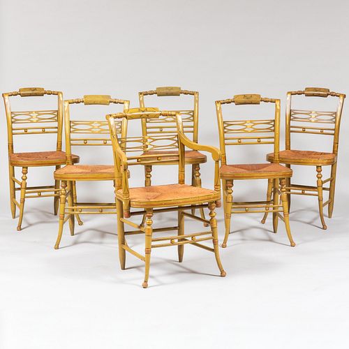 Appraisal: SET OF SIX PAINTED PARCEL-GILT AND RUSH HITCHCOCK CHAIRSThe armchair