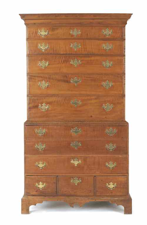 Appraisal: New England Chippendale tiger maple chest on chest ca h