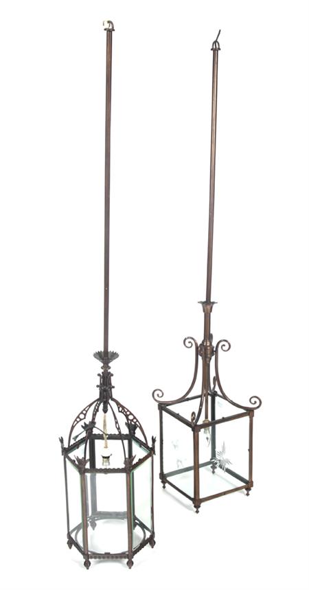 Appraisal: A bronzed metal hexagonal hall lantern with pierced downswept branches