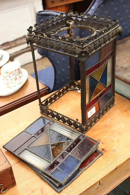 Appraisal: A VICTORIAN BRASS AND LEADED GLASS HALL LANTERN of square