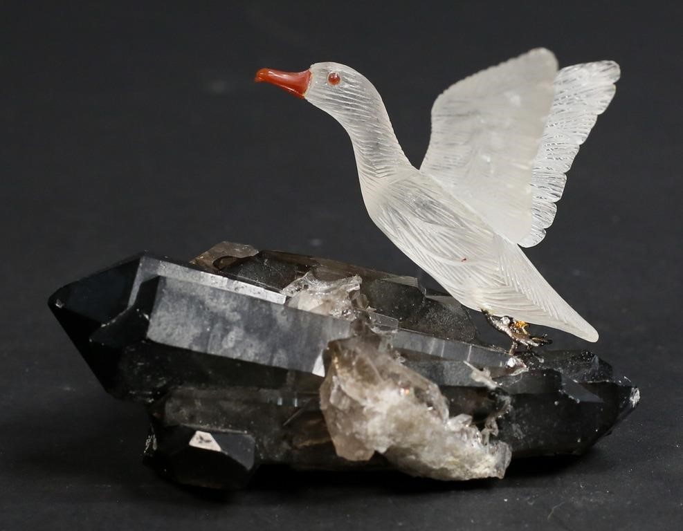 Appraisal: PETER MULLER QUARTZ SWAN ON SMOKY TOPAZPeter Muller Switzerland Brazil