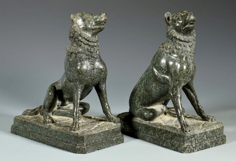 Appraisal: Pr th cent Variegated Marble Dogs Pair of th century