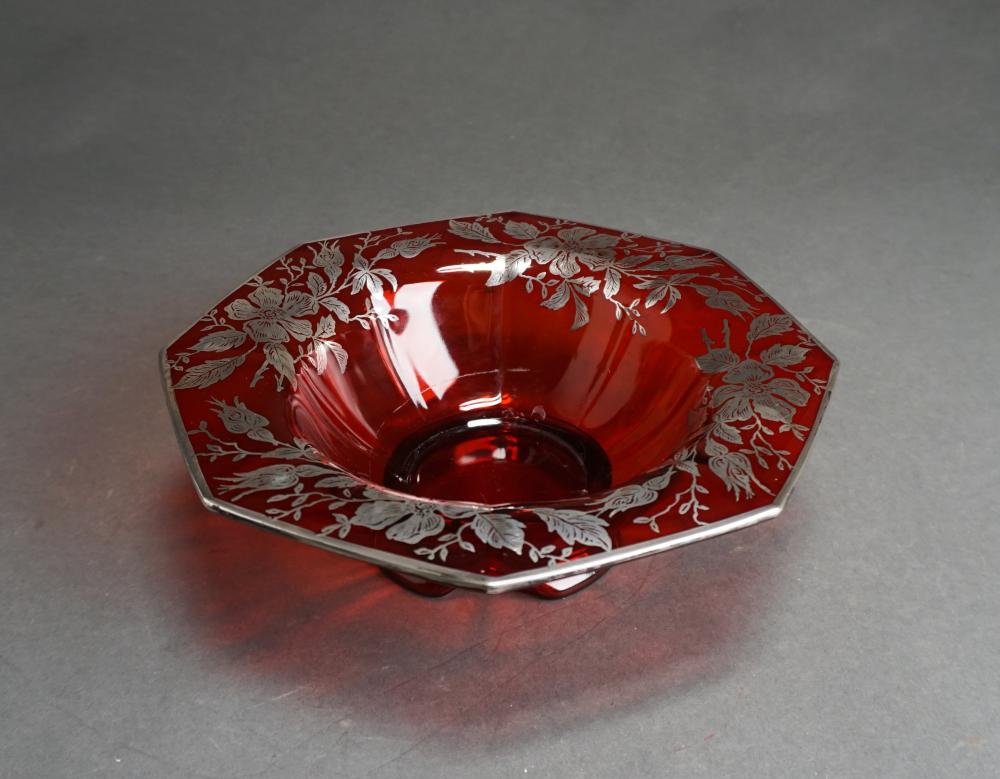 Appraisal: STERLING SILVER OVERLAID CRANBERRY GLASS BOWL D IN CM Sterling