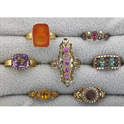 Appraisal: VICTORIAN STYLE GOLD RINGS th- th C Seven pieces includes