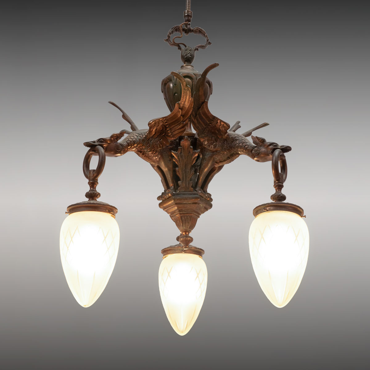 Appraisal: LIGHT GOTHIC VICTORIAN DORE BRONZE GRIFFIN DRAGON CHANDELIER light Victorian