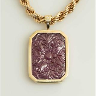 Appraisal: Carved Natural Ruby Pendant Chain Carved natural ruby pendant in