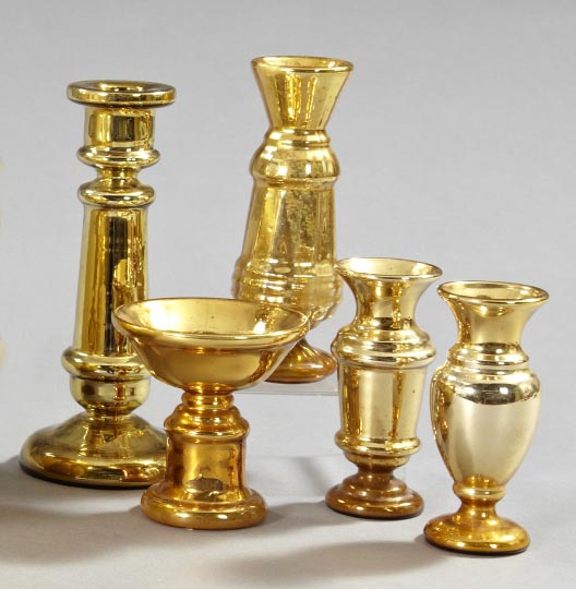 Appraisal: Good Five-Piece Group of Gold Mercury Glass Objects third quarter