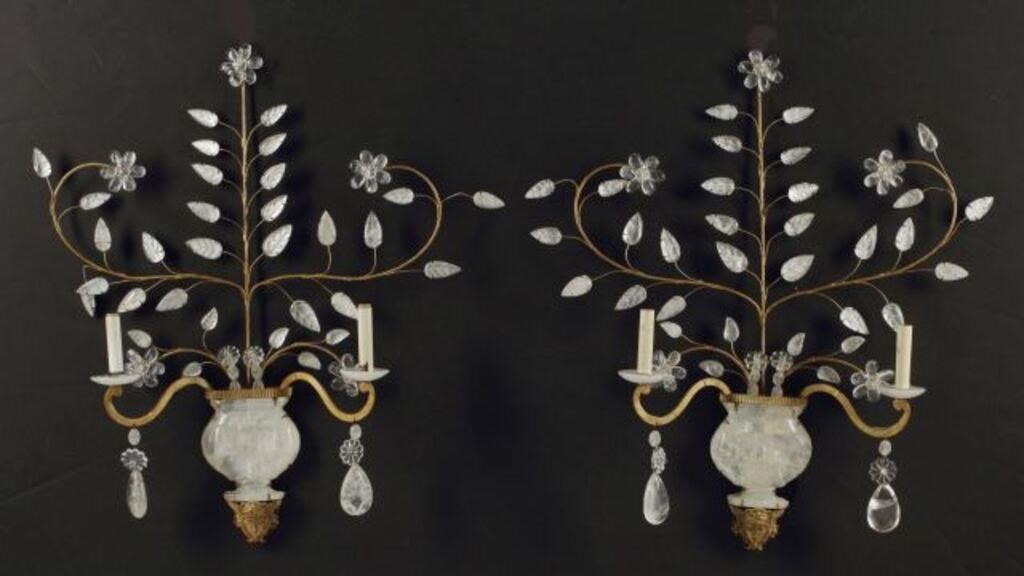 Appraisal: pair Gilt metal and rock crystal two-light sconces in the