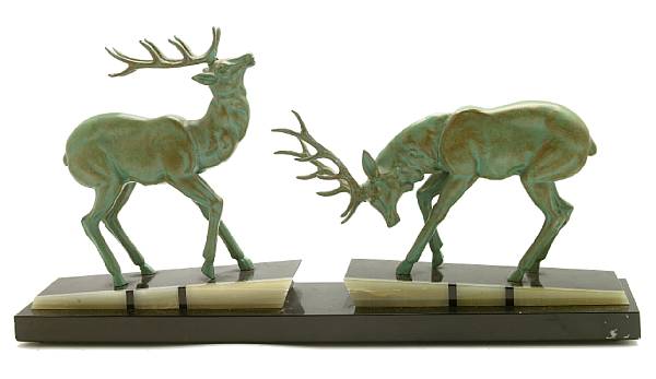 Appraisal: An Art Deco patinated-metal onyx and marble study of rutting