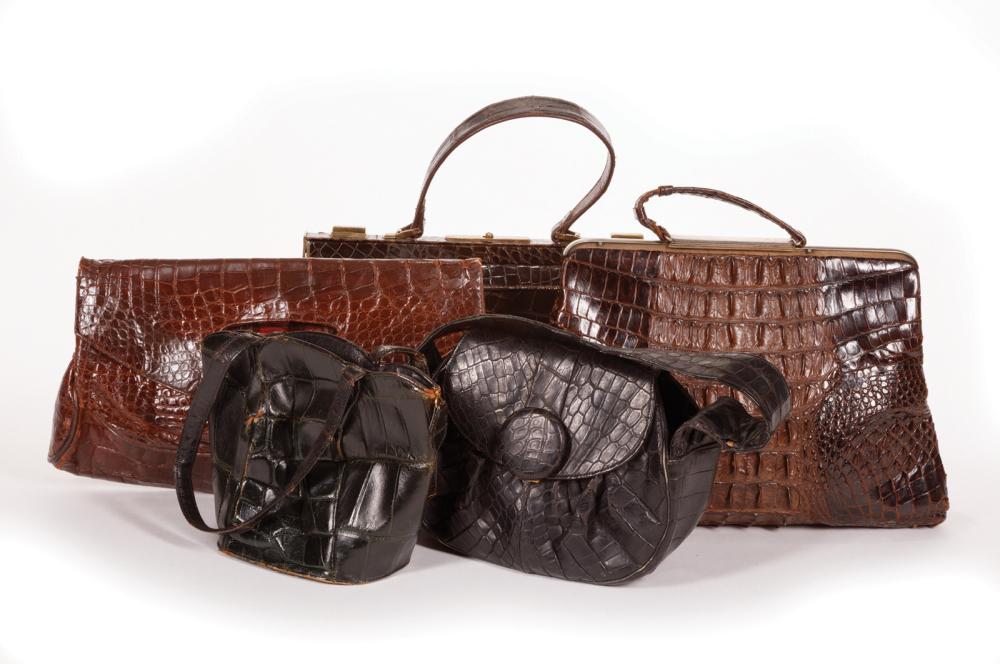 Appraisal: Five Alligator Skin Handbags incl brown black and green h