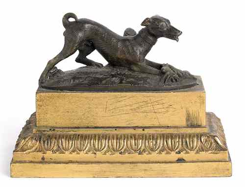 Appraisal: Continental bronze inkwell ca the lid with a dog pouncing