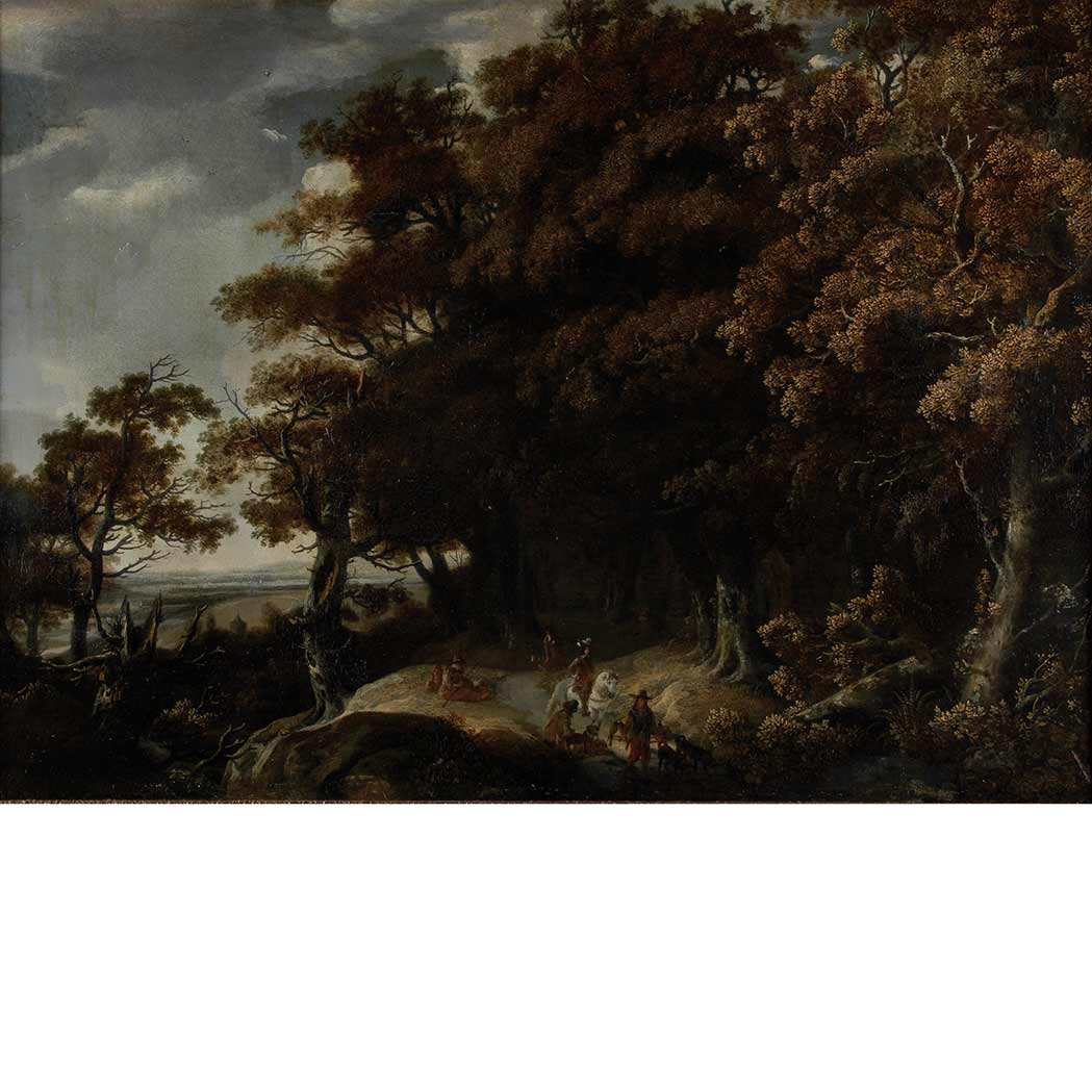 Appraisal: Dutch School th Century Landscape with a Hunting Party Oil