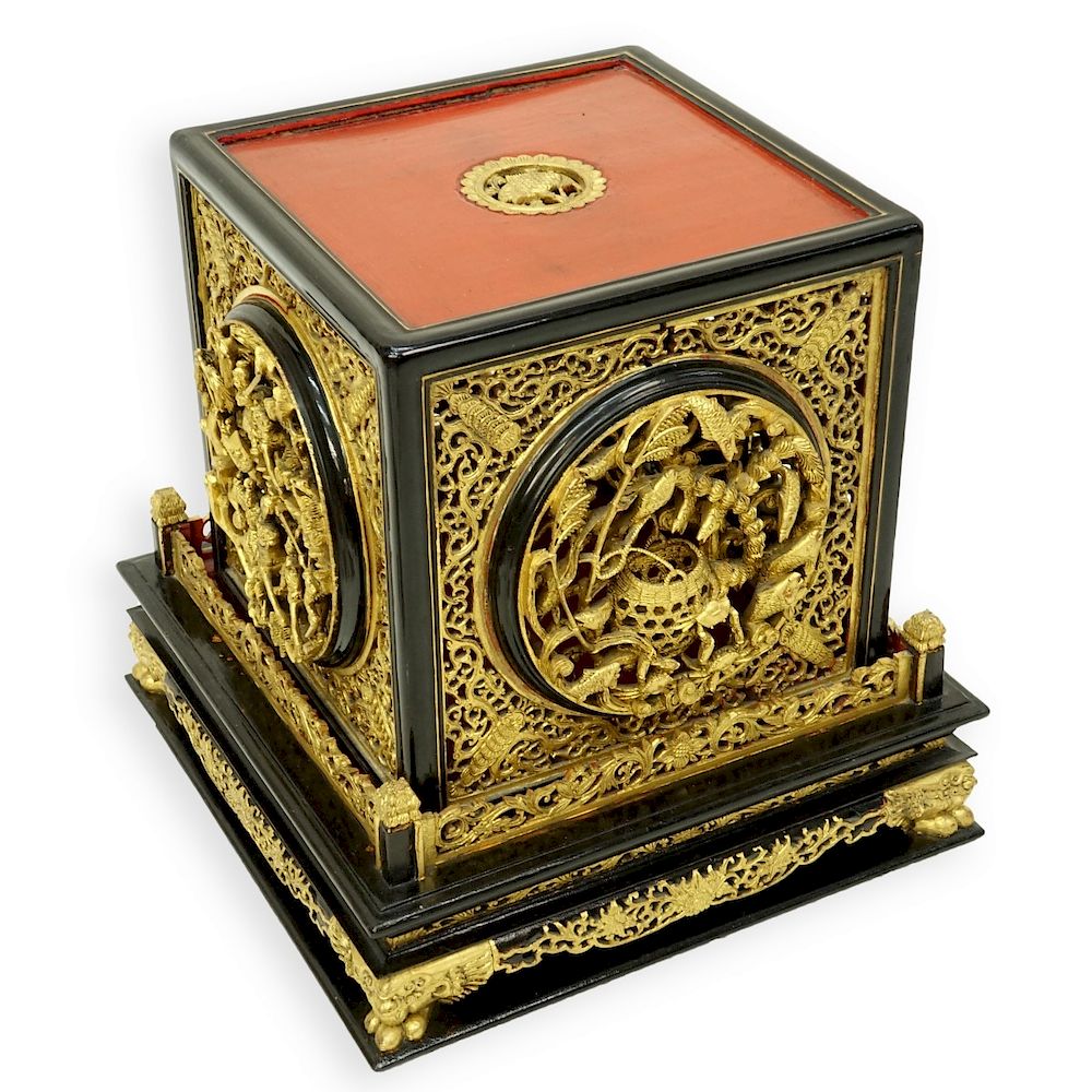 Appraisal: Chinese Lacquer Altar Box Vintage Chinese Lacquer and Gilt Wood