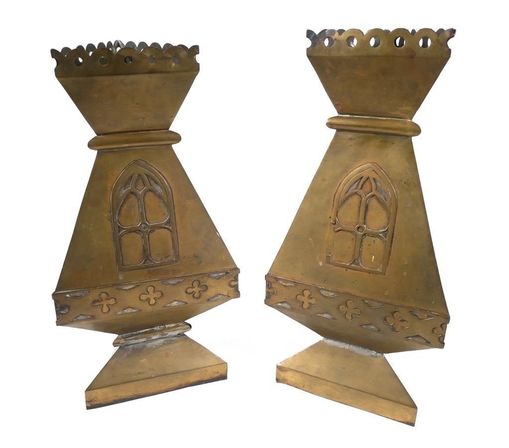 Appraisal: Two triangular shaped antique brass altar vase sculptures with European