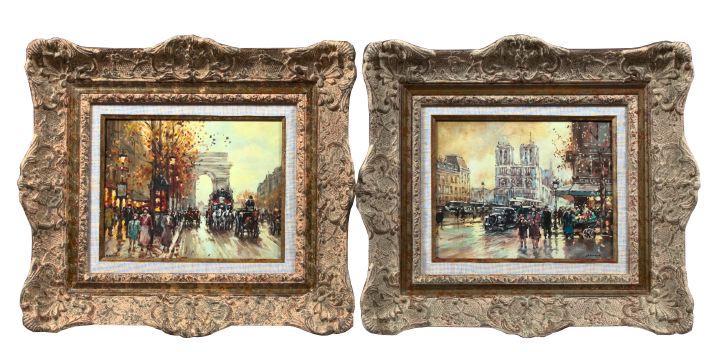 Appraisal: French School th Century Evening Parisian Street Scenes pair of