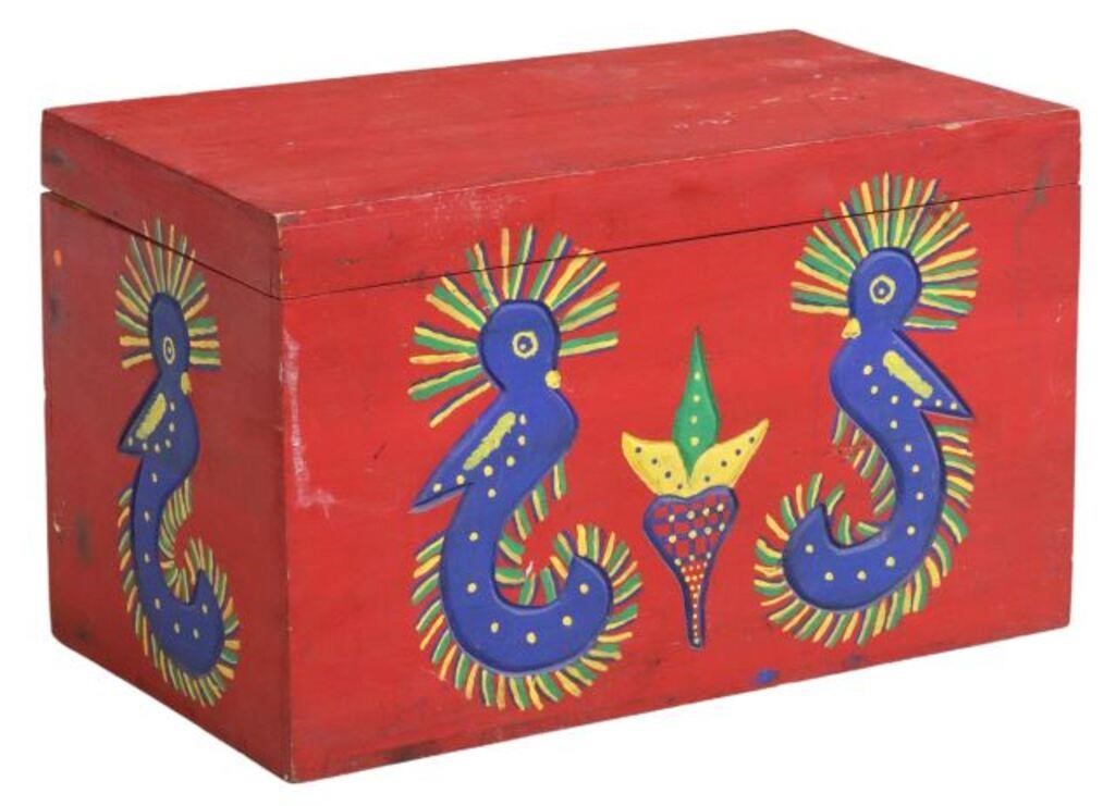 Appraisal: Paint decorated storage trunk Mexico polychrome quetzal birds on a