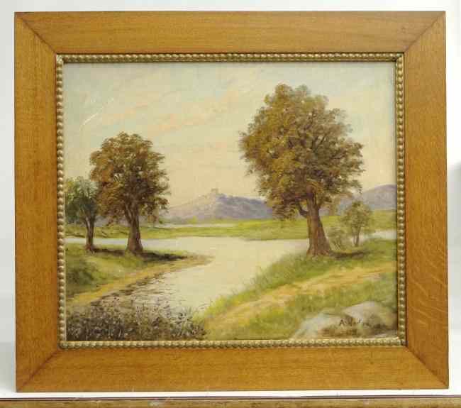 Appraisal: Painting oil on artist board landscape with mountains signed ''A