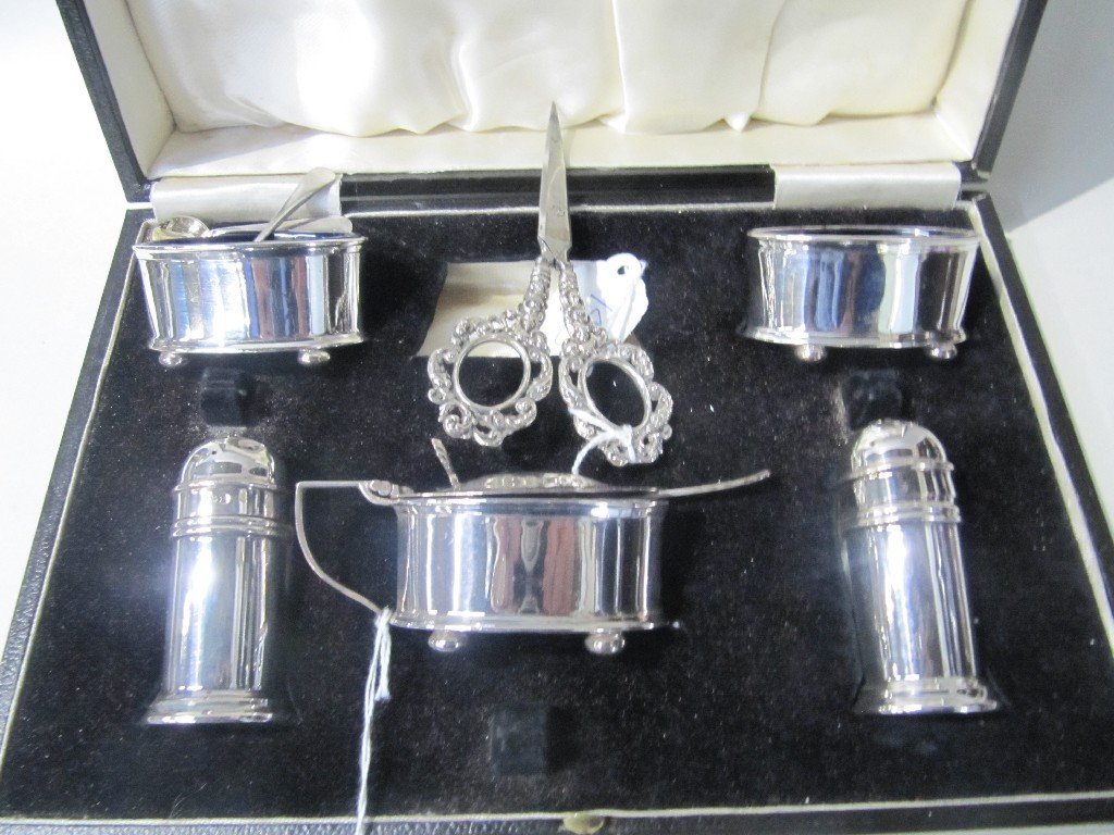 Appraisal: Lot comprising five piece silver condiment set in unassociated box