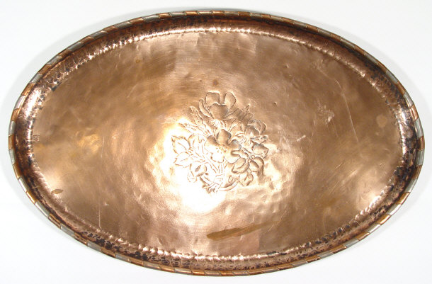 Appraisal: Hugh Wallis Arts and Crafts oval copper tray with floral