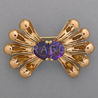 Appraisal: TIFFANY CO K GOLD AMETHYST BROOCH ca Bisymmetric tendril design