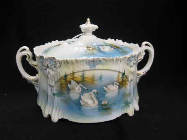 Appraisal: R S Prussia Biscuit Jar swans on lake icicle mold